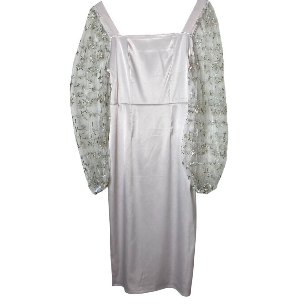 Loragal Pink Satin Midi Dress M • Embroidered Mesh Sleeves • NWT Formal Bridal